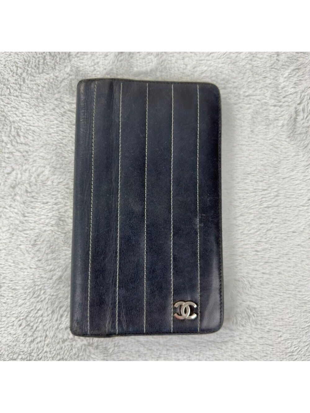 Chanel CC Long Bifold Black Leather Wallet Embroidered